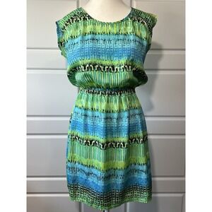 BeBop Sleeveless Dress Green Blue Abstract Print Elastic Waist Casual‎ Mini